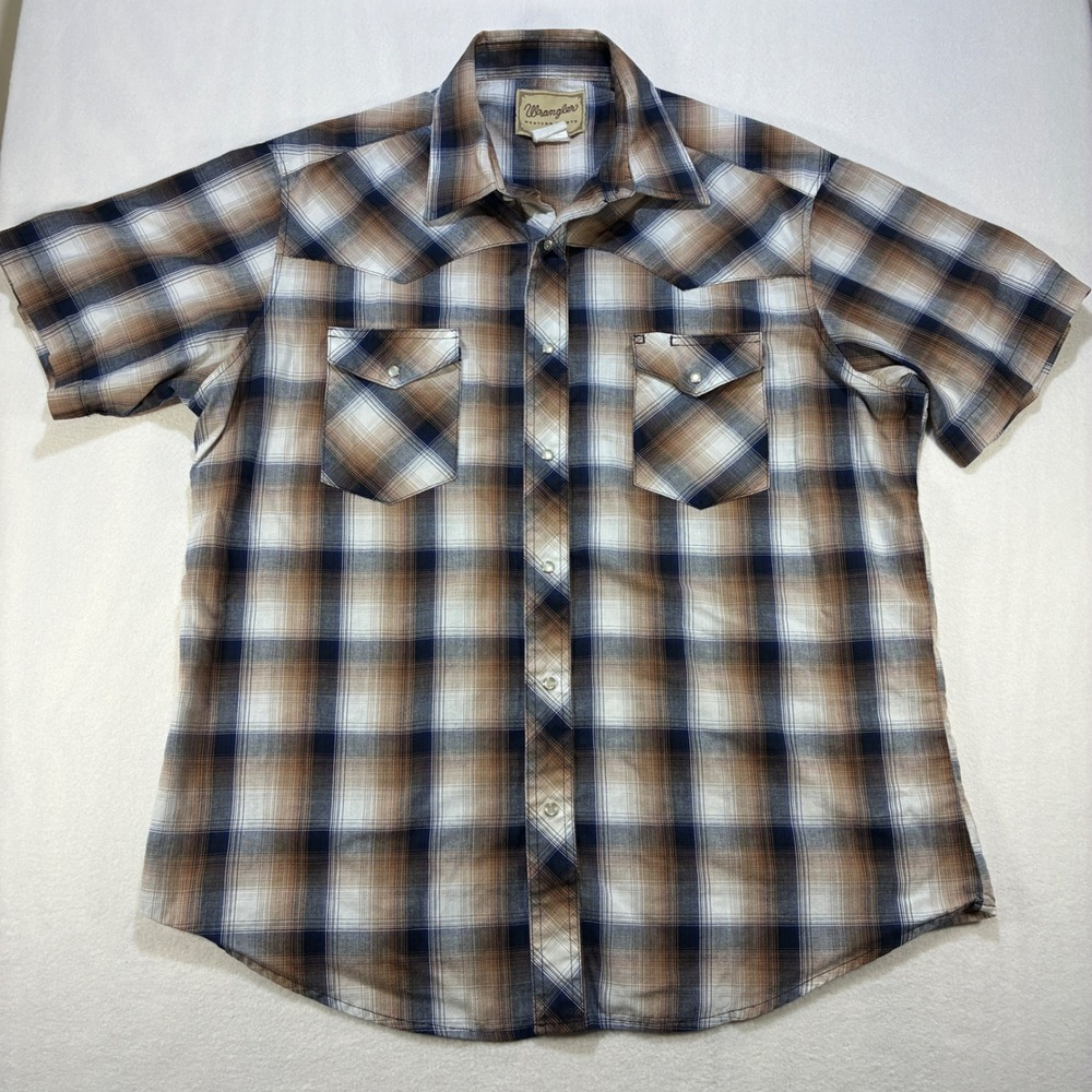 Wrangler Western Shirt Mens Large Short Sleeve Pearl Snap Plaid Brown Navy L